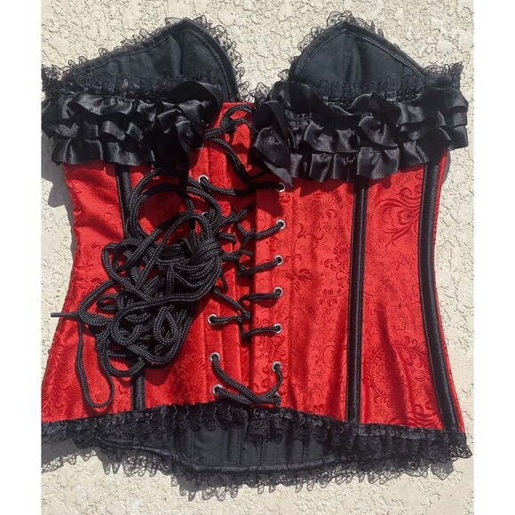 NWT BEDROOM STORIES Over-bust Corset Lace Up Boned Ruffles Womens S Red Black - Picture 7 of 13